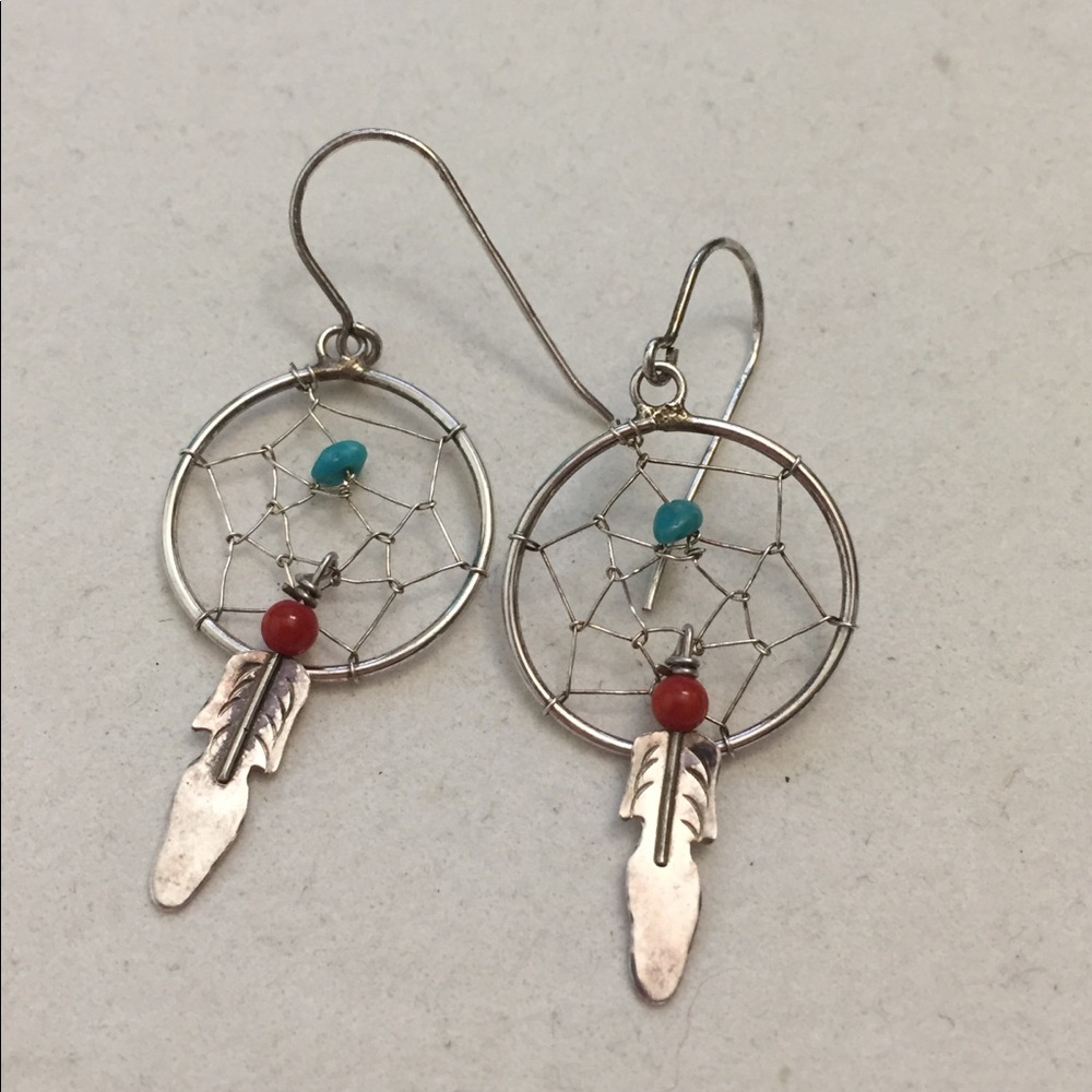 Vintage turquoise & coral silver dreamcatcher earrings
